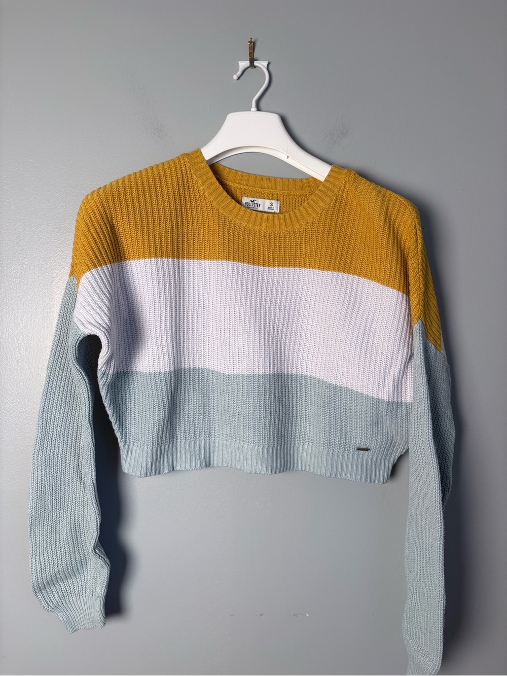Hollister Womens Small Colorblock Cropped Knit Sweater Mustard White Mint
